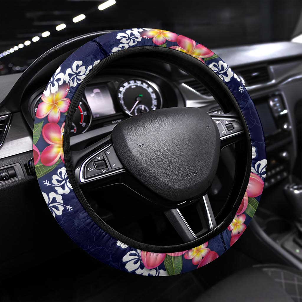 Blue Polynesia Steering Wheel Cover Plumeria With Hibiscus Pattern Tropical Vibes LT14 Universal Fit Blue - Polynesian Pride