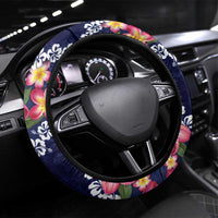 Blue Polynesia Steering Wheel Cover Plumeria With Hibiscus Pattern Tropical Vibes LT14 Universal Fit Blue - Polynesian Pride
