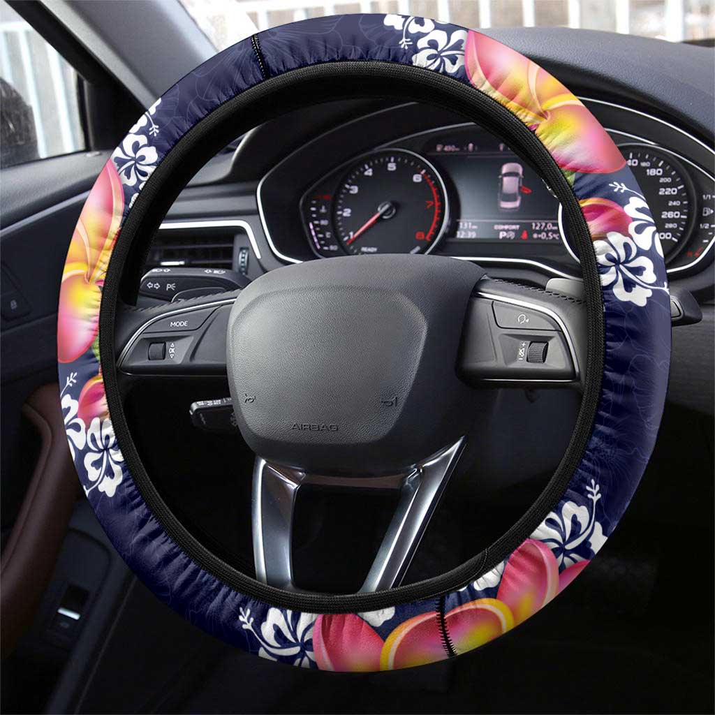 Blue Polynesia Steering Wheel Cover Plumeria With Hibiscus Pattern Tropical Vibes LT14 - Polynesian Pride