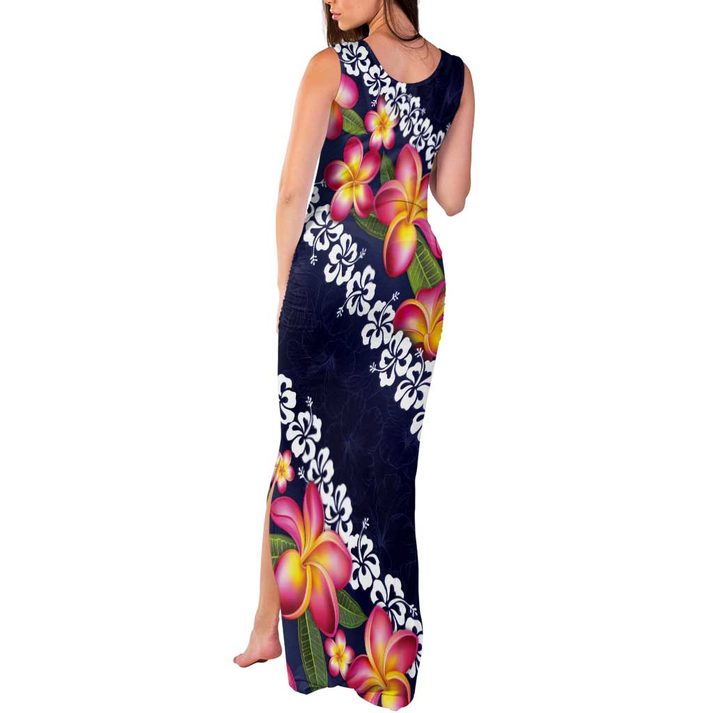 Blue Polynesia Tank Maxi Dress Plumeria With Hibiscus Pattern Tropical Vibes