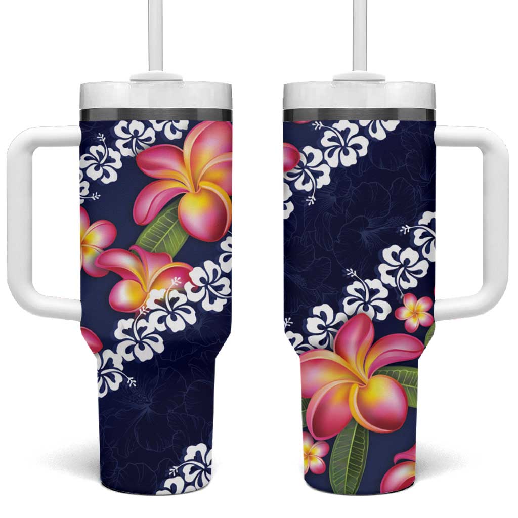 Blue Polynesia Tumbler With Handle Plumeria With Hibiscus Pattern Tropical Vibes LT14 One Size: 40 oz Blue - Polynesian Pride