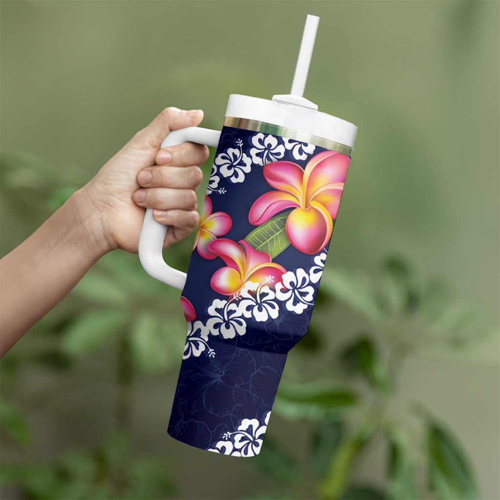 Blue Polynesia Tumbler With Handle Plumeria With Hibiscus Pattern Tropical Vibes LT14 - Polynesian Pride