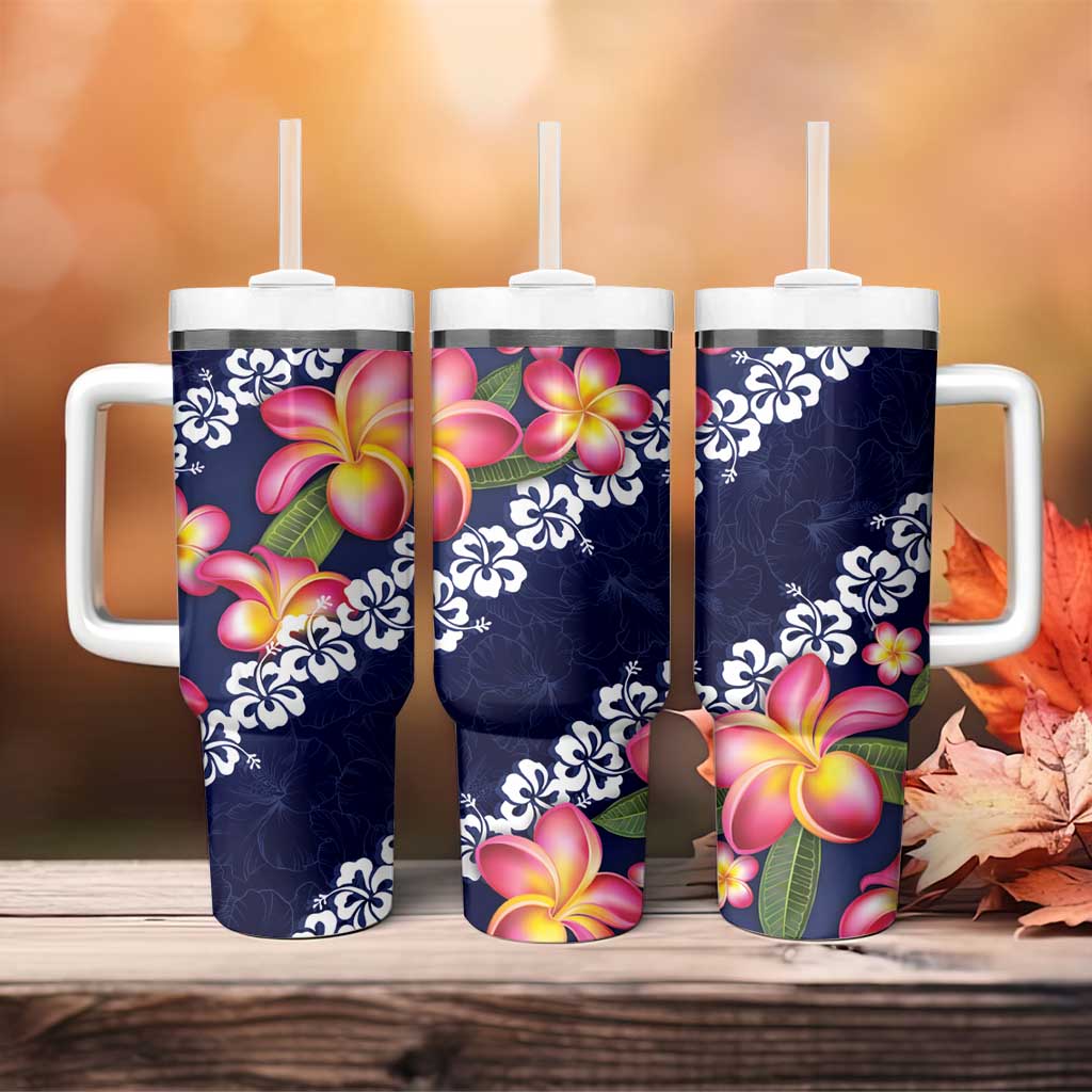 Blue Polynesia Tumbler With Handle Plumeria With Hibiscus Pattern Tropical Vibes LT14 - Polynesian Pride