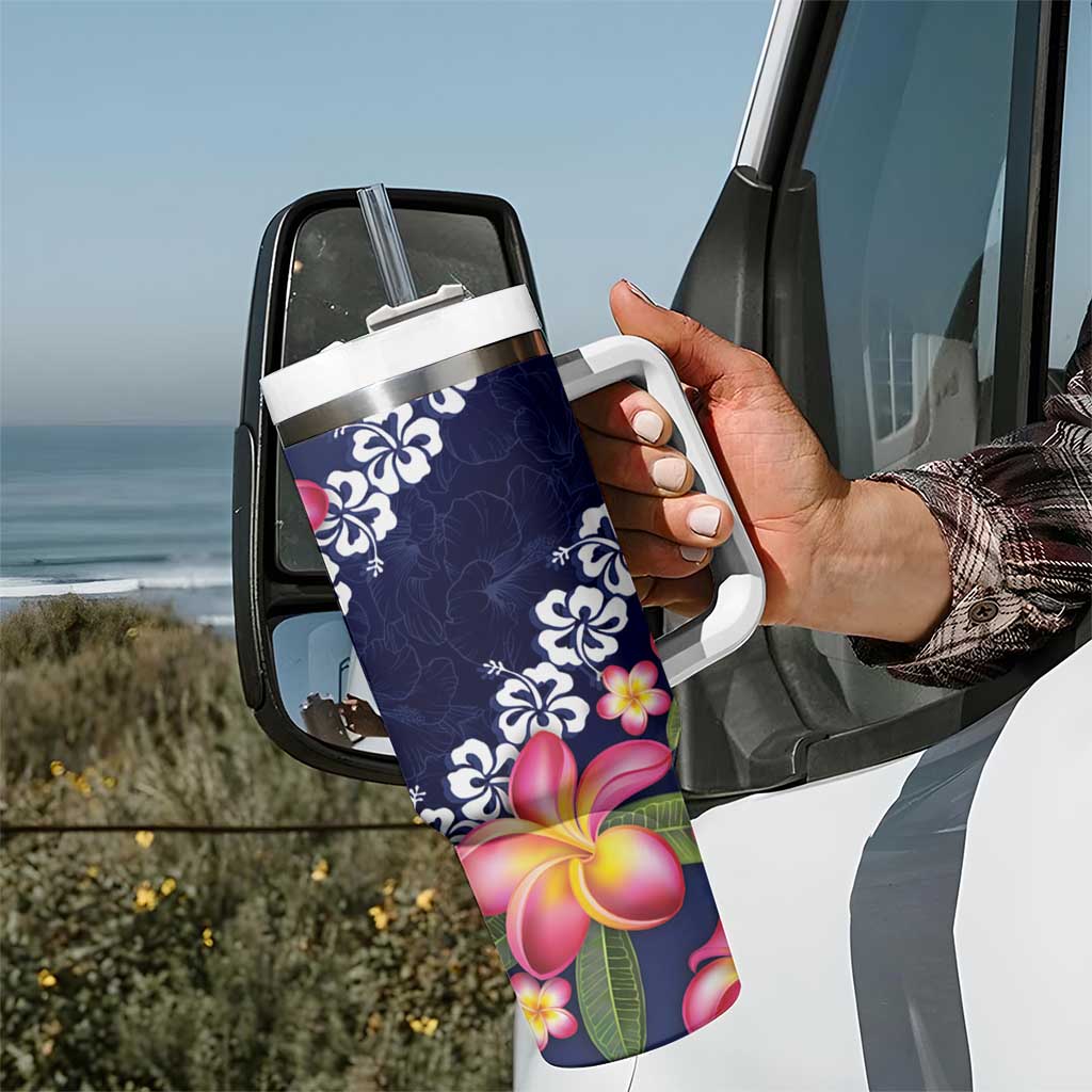Blue Polynesia Tumbler With Handle Plumeria With Hibiscus Pattern Tropical Vibes LT14 - Polynesian Pride