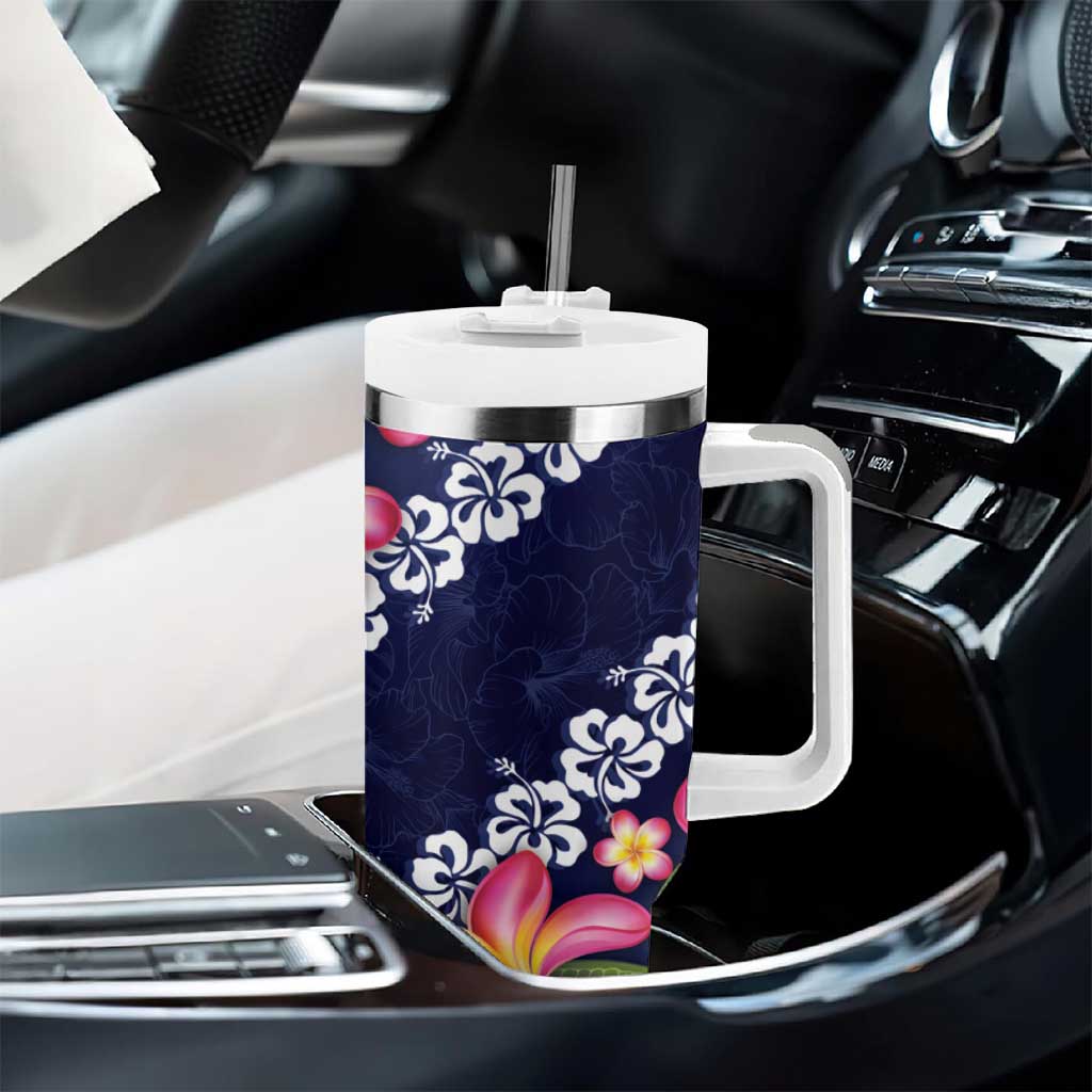 Blue Polynesia Tumbler With Handle Plumeria With Hibiscus Pattern Tropical Vibes LT14 - Polynesian Pride