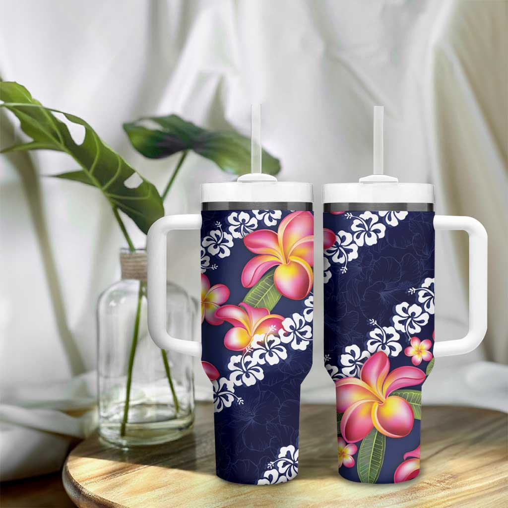 Blue Polynesia Tumbler With Handle Plumeria With Hibiscus Pattern Tropical Vibes LT14 - Polynesian Pride