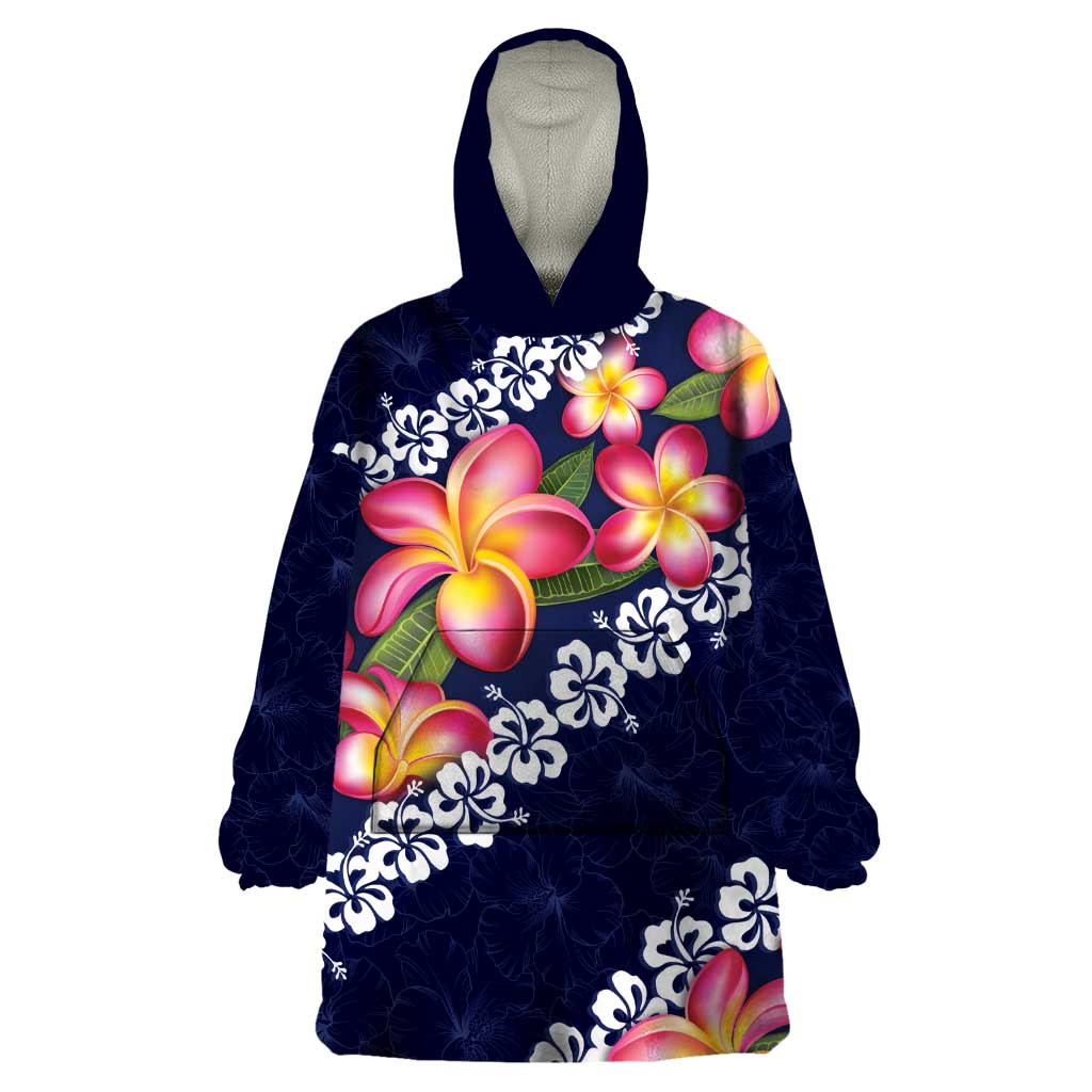 Blue Polynesia Wearable Blanket Hoodie Plumeria With Hibiscus Pattern Tropical Vibes LT14 One Size Blue - Polynesian Pride