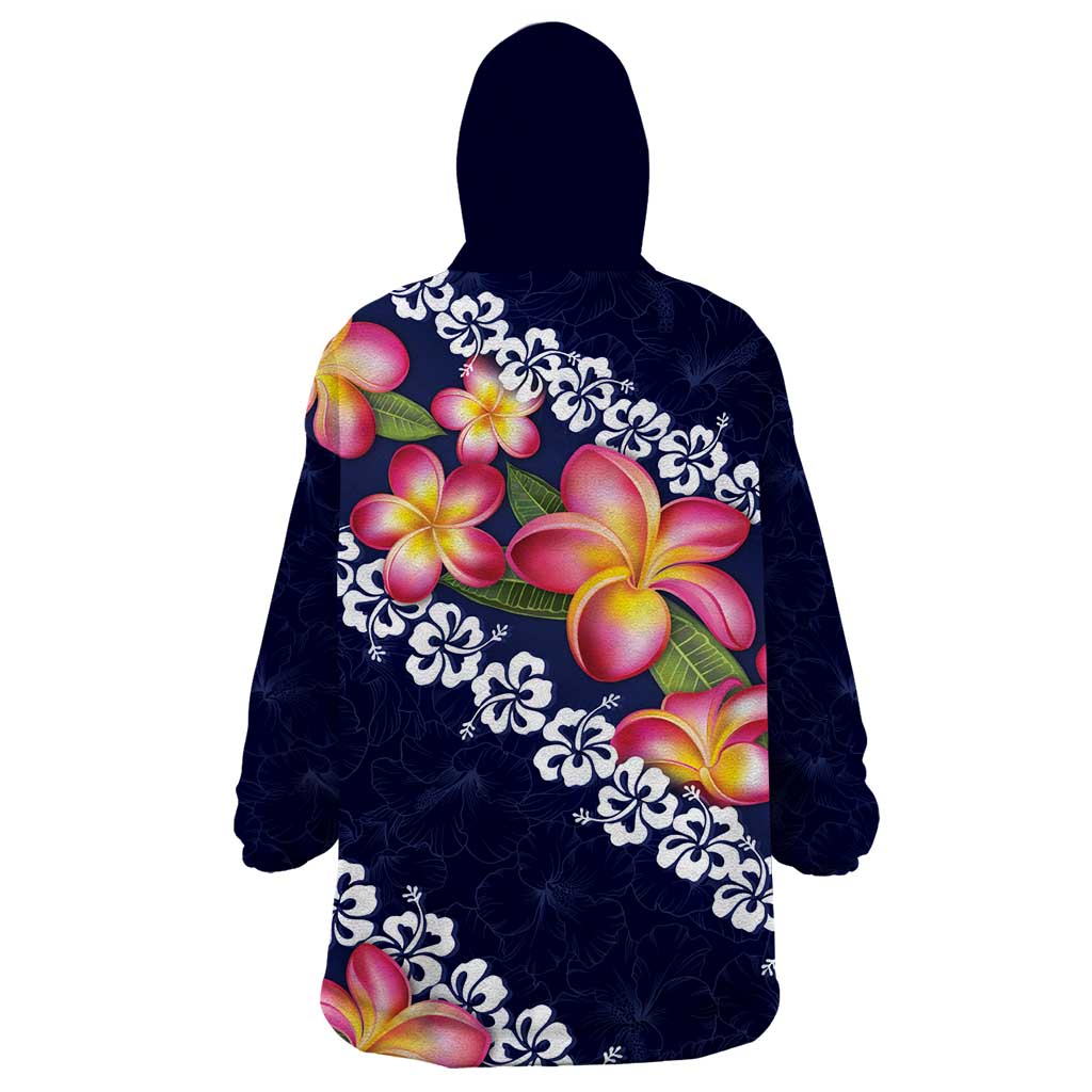 Blue Polynesia Wearable Blanket Hoodie Plumeria With Hibiscus Pattern Tropical Vibes