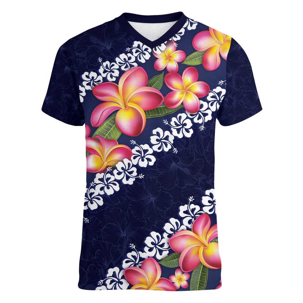 Blue Polynesia Women V-Neck T-Shirt Plumeria With Hibiscus Pattern Tropical Vibes