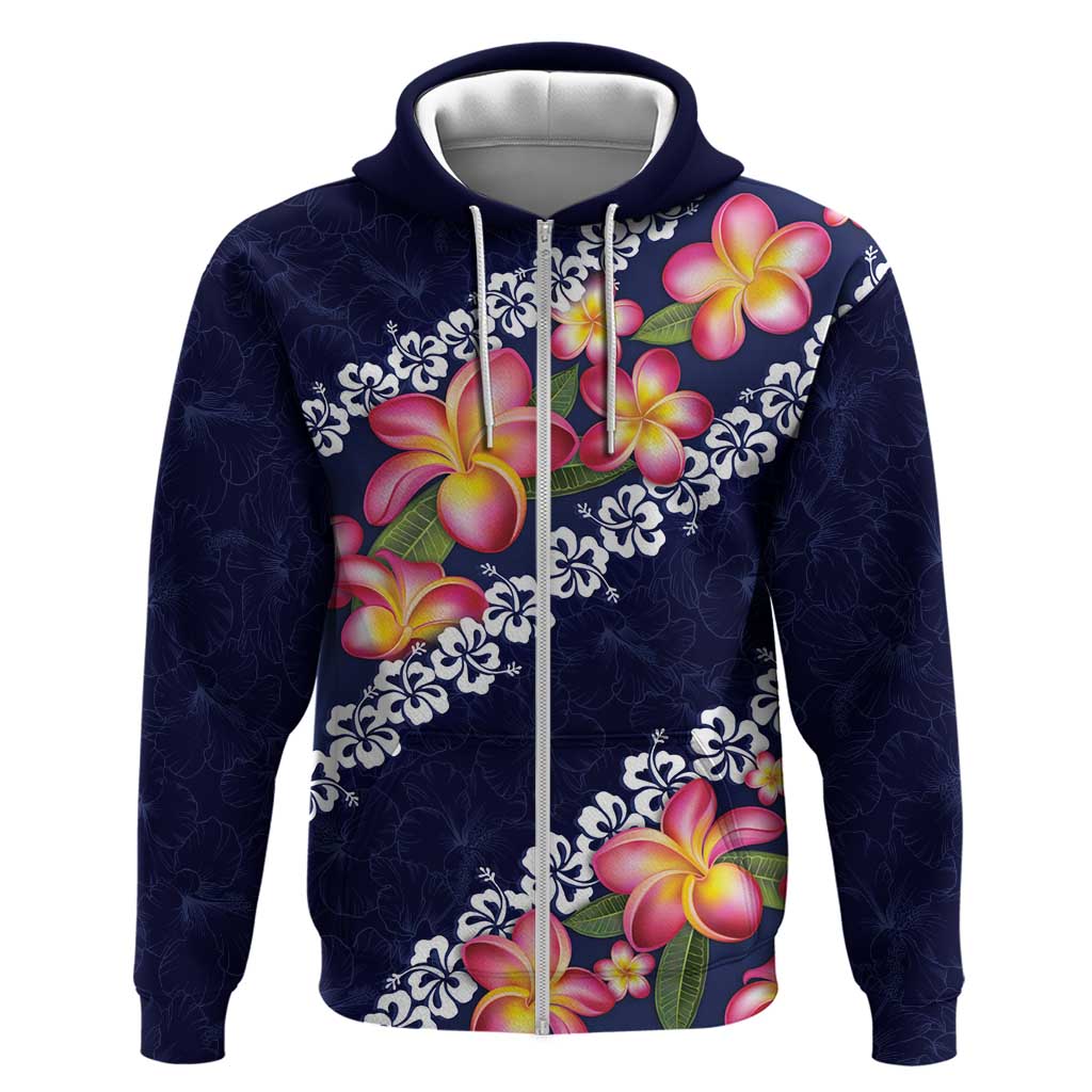 Blue Polynesia Zip Hoodie Plumeria With Hibiscus Pattern Tropical Vibes