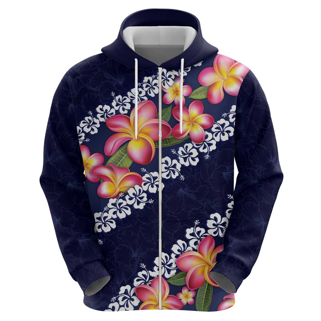 Blue Polynesia Zip Hoodie Plumeria With Hibiscus Pattern Tropical Vibes