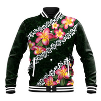Green Polynesia Baseball Jacket Plumeria With Hibiscus Pattern Tropical Vibes LT14 Unisex Green - Polynesian Pride