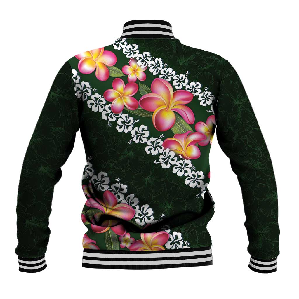 Green Polynesia Baseball Jacket Plumeria With Hibiscus Pattern Tropical Vibes LT14 - Polynesian Pride