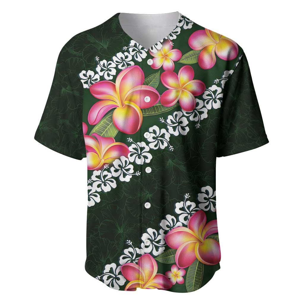 Green Polynesia Baseball Jersey Plumeria With Hibiscus Pattern Tropical Vibes