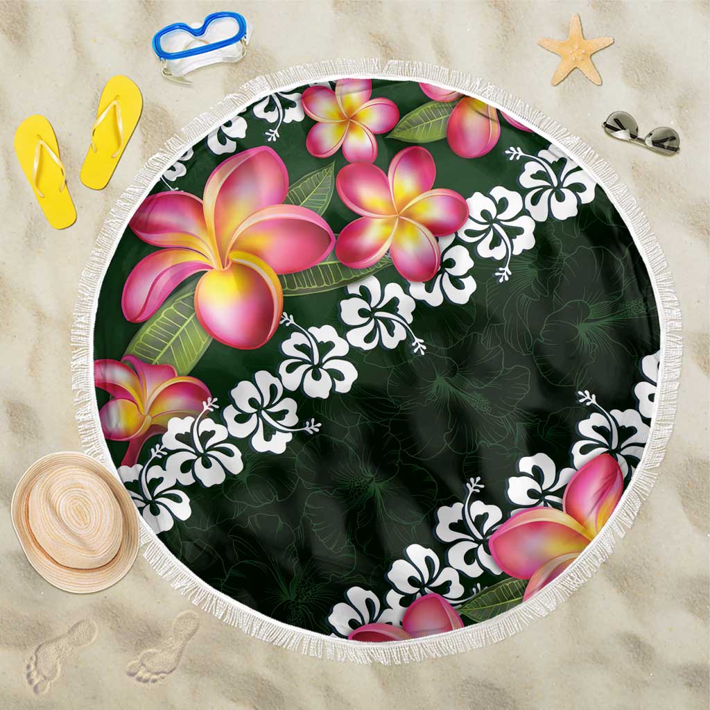 Green Polynesia Beach Blanket Plumeria With Hibiscus Pattern Tropical Vibes