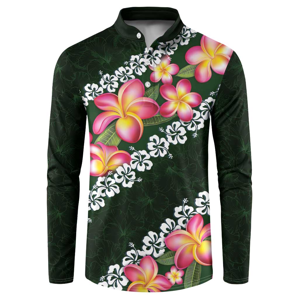Green Polynesia Button Sweatshirt Plumeria With Hibiscus Pattern Tropical Vibes LT14 Green - Polynesian Pride