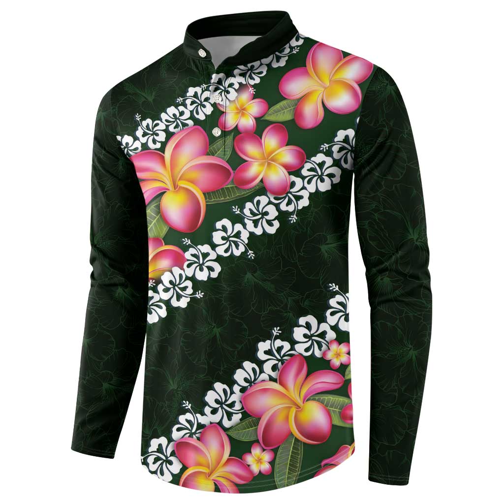 Green Polynesia Button Sweatshirt Plumeria With Hibiscus Pattern Tropical Vibes LT14 - Polynesian Pride