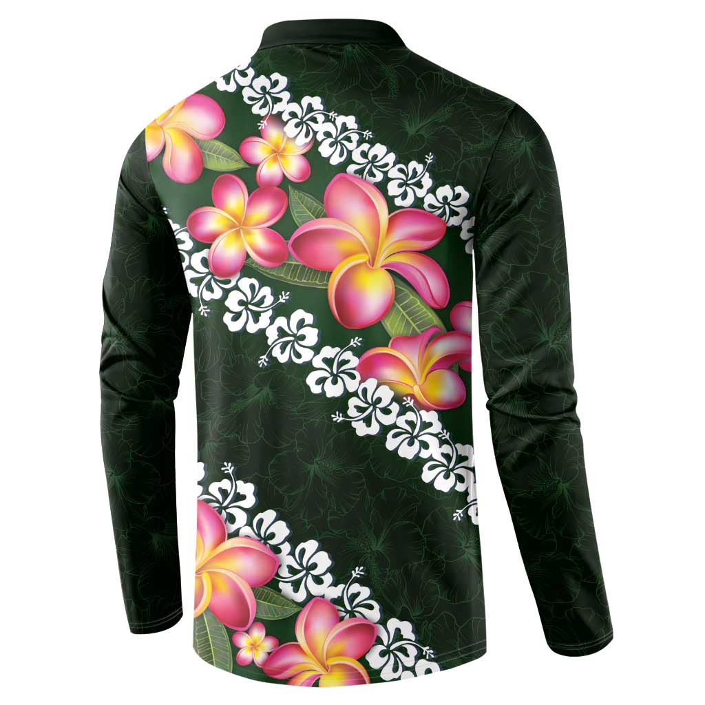 Green Polynesia Button Sweatshirt Plumeria With Hibiscus Pattern Tropical Vibes LT14 - Polynesian Pride