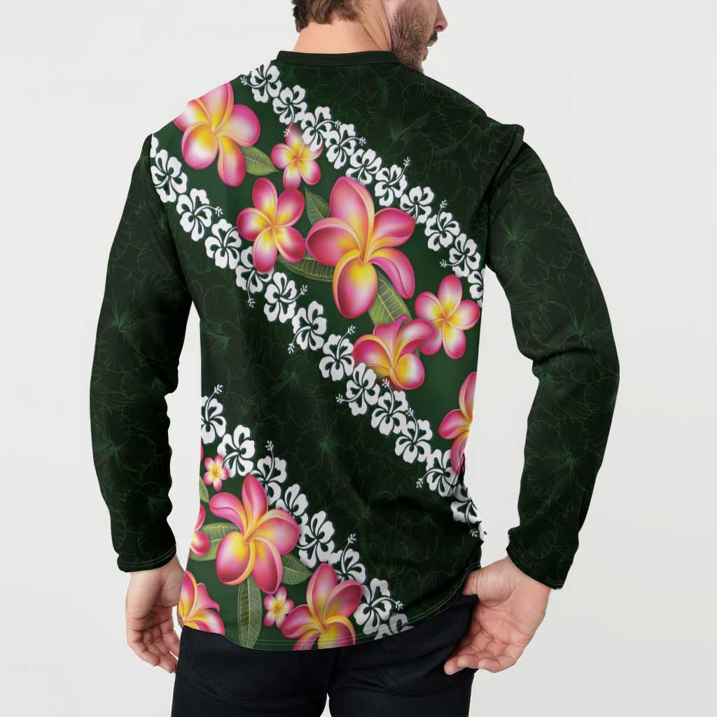 Green Polynesia Button Sweatshirt Plumeria With Hibiscus Pattern Tropical Vibes LT14 - Polynesian Pride
