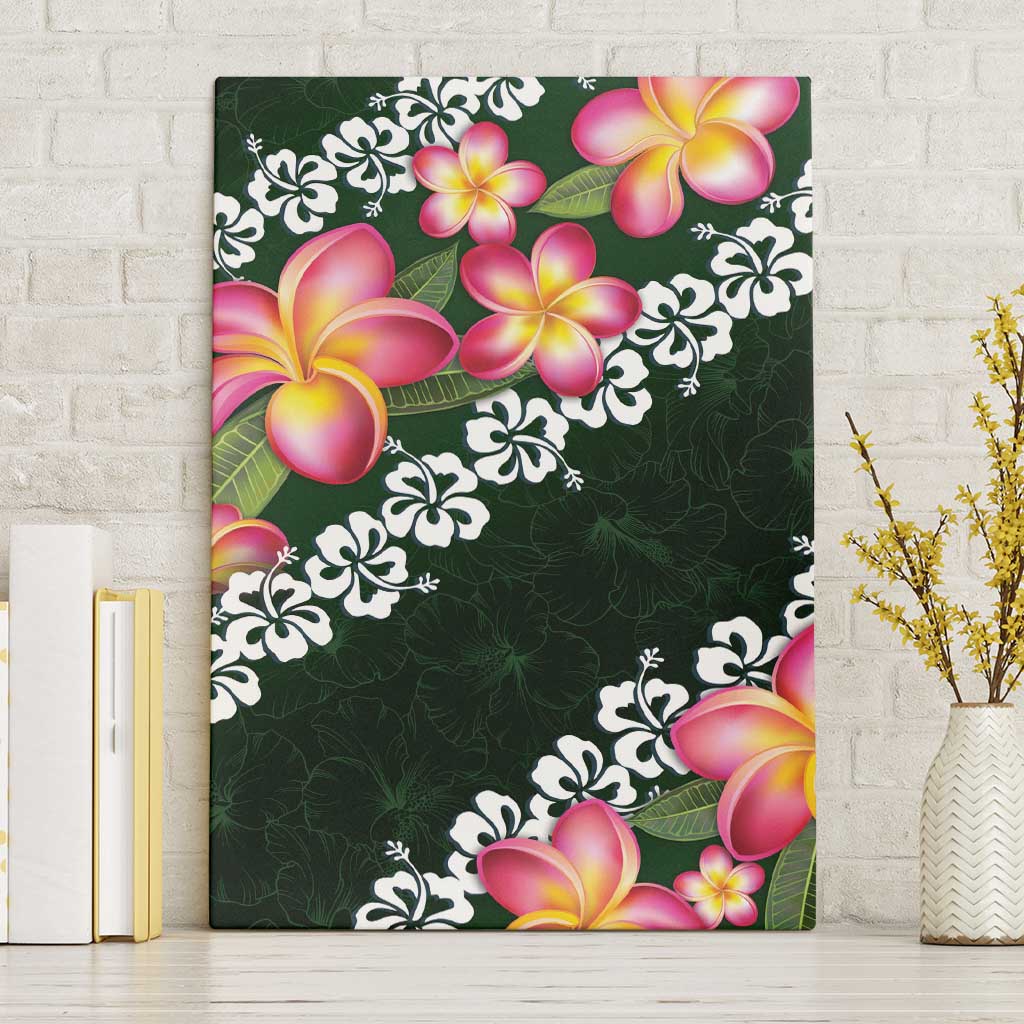 Green Polynesia Canvas Wall Art Plumeria With Hibiscus Pattern Tropical Vibes