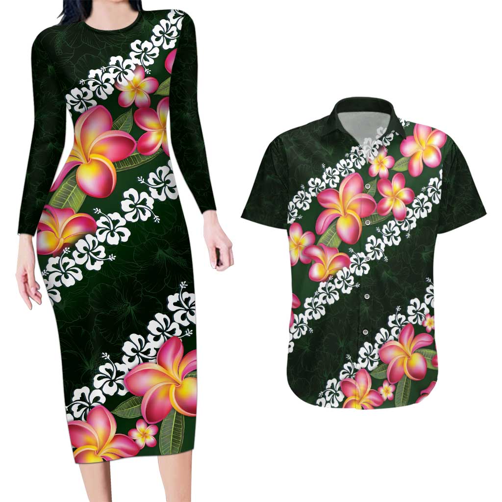 Green Polynesia Couples Matching Long Sleeve Bodycon Dress and Hawaiian Shirt Plumeria With Hibiscus Pattern Tropical Vibes