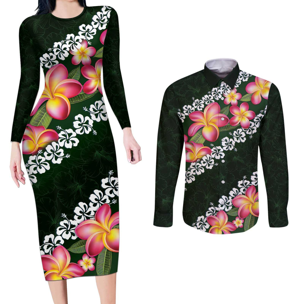 Green Polynesia Couples Matching Long Sleeve Bodycon Dress and Long Sleeve Button Shirt Plumeria With Hibiscus Pattern Tropical Vibes LT14 Green - Polynesian Pride