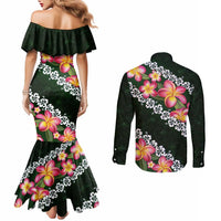 Green Polynesia Couples Matching Mermaid Dress and Long Sleeve Button Shirt Plumeria With Hibiscus Pattern Tropical Vibes