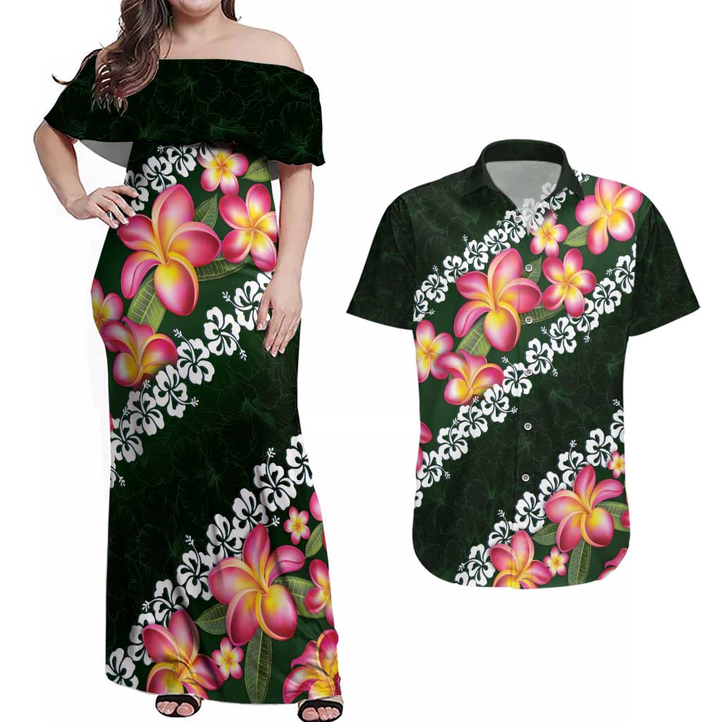 Green Polynesia Couples Matching Off Shoulder Maxi Dress and Hawaiian Shirt Plumeria With Hibiscus Pattern Tropical Vibes