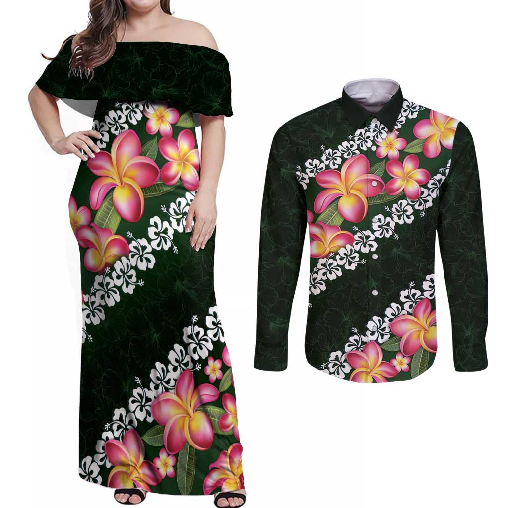 Green Polynesia Couples Matching Off Shoulder Maxi Dress and Long Sleeve Button Shirt Plumeria With Hibiscus Pattern Tropical Vibes LT14 Green - Polynesian Pride