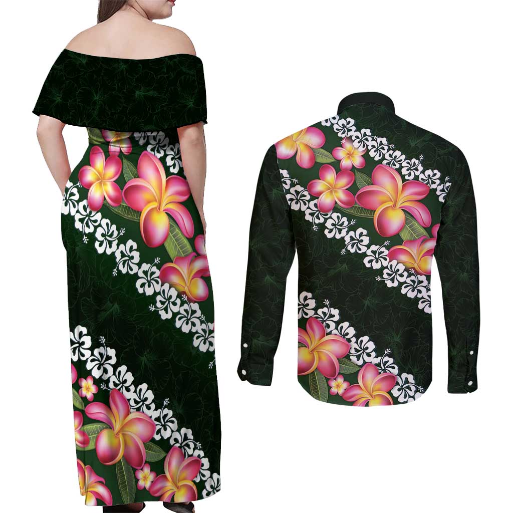 Green Polynesia Couples Matching Off Shoulder Maxi Dress and Long Sleeve Button Shirt Plumeria With Hibiscus Pattern Tropical Vibes LT14 - Polynesian Pride