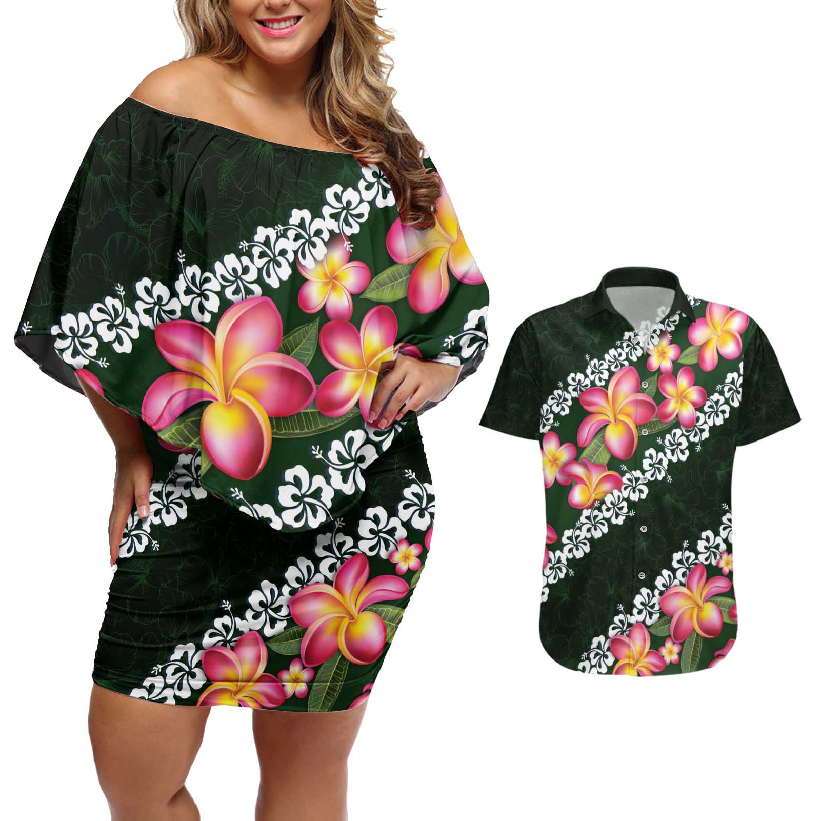 Green Polynesia Couples Matching Off Shoulder Short Dress and Hawaiian Shirt Plumeria With Hibiscus Pattern Tropical Vibes