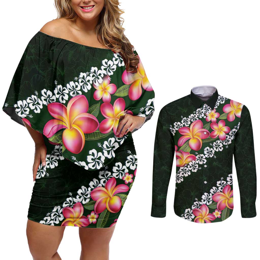 Green Polynesia Couples Matching Off Shoulder Short Dress and Long Sleeve Button Shirt Plumeria With Hibiscus Pattern Tropical Vibes LT14 Green - Polynesian Pride