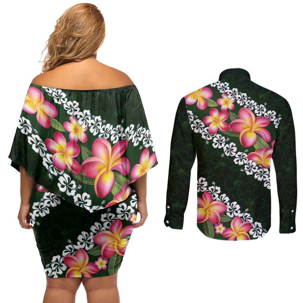 Green Polynesia Couples Matching Off Shoulder Short Dress and Long Sleeve Button Shirt Plumeria With Hibiscus Pattern Tropical Vibes LT14 - Polynesian Pride