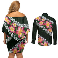 Green Polynesia Couples Matching Off Shoulder Short Dress and Long Sleeve Button Shirt Plumeria With Hibiscus Pattern Tropical Vibes LT14 - Polynesian Pride