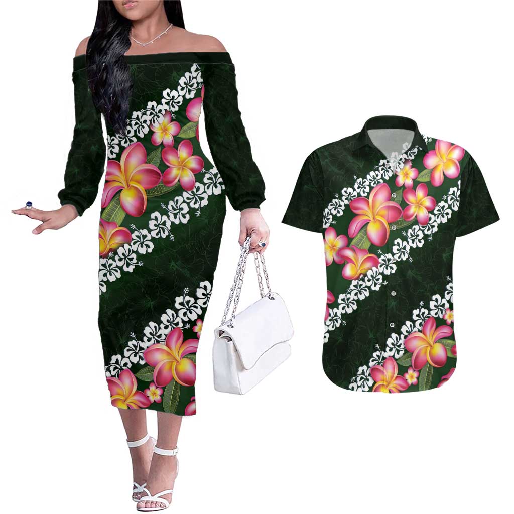 Green Polynesia Couples Matching Off The Shoulder Long Sleeve Dress and Hawaiian Shirt Plumeria With Hibiscus Pattern Tropical Vibes