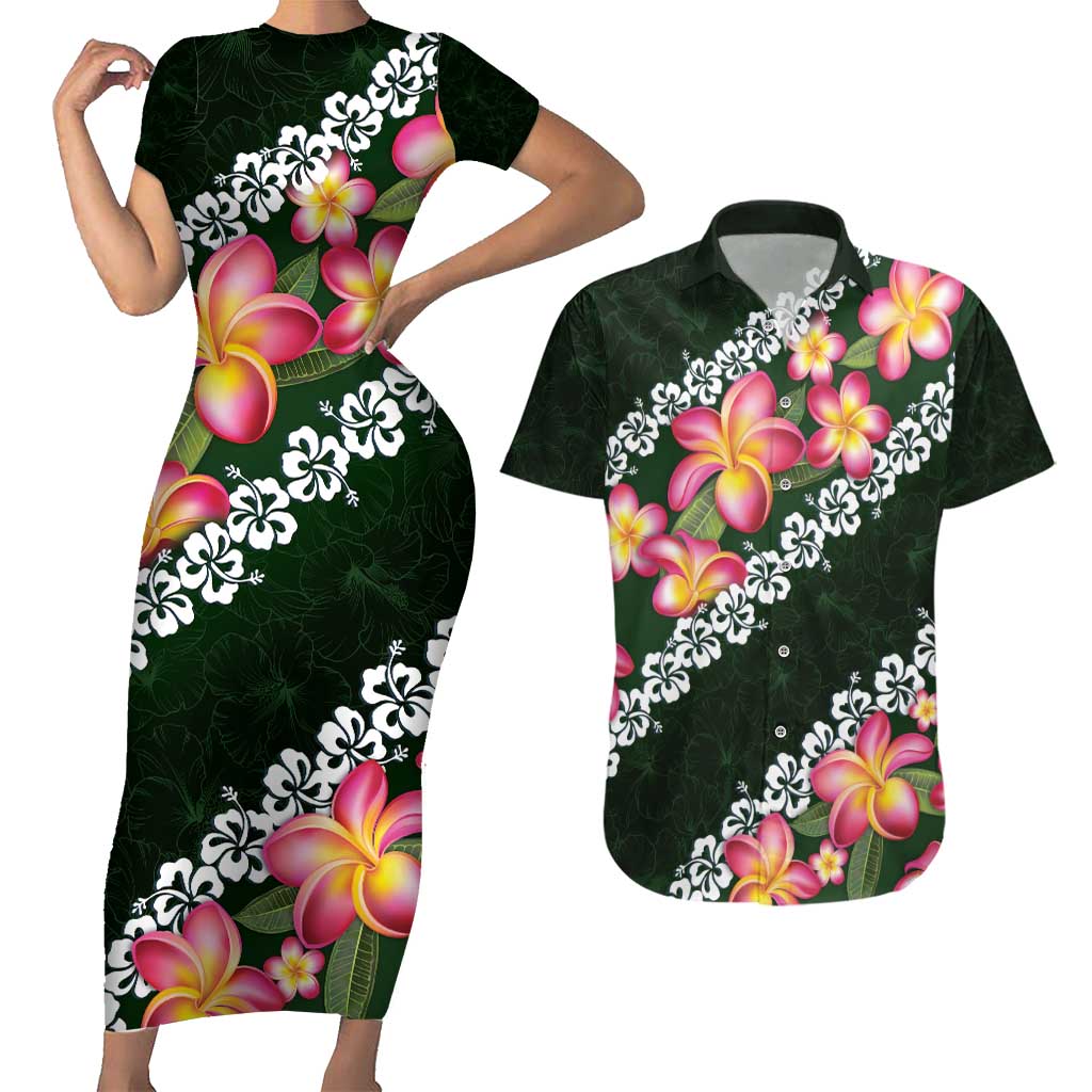 Green Polynesia Couples Matching Short Sleeve Bodycon Dress and Hawaiian Shirt Plumeria With Hibiscus Pattern Tropical Vibes LT14 Green - Polynesian Pride
