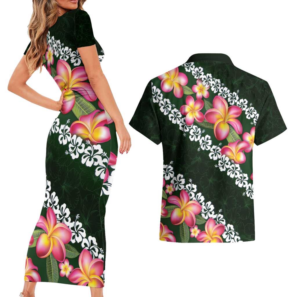 Green Polynesia Couples Matching Short Sleeve Bodycon Dress and Hawaiian Shirt Plumeria With Hibiscus Pattern Tropical Vibes LT14 - Polynesian Pride