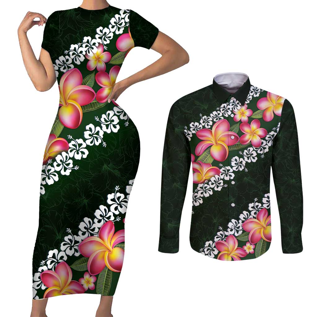 Green Polynesia Couples Matching Short Sleeve Bodycon Dress and Long Sleeve Button Shirt Plumeria With Hibiscus Pattern Tropical Vibes LT14 Green - Polynesian Pride