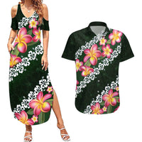 Green Polynesia Couples Matching Summer Maxi Dress and Hawaiian Shirt Plumeria With Hibiscus Pattern Tropical Vibes LT14 Green - Polynesian Pride