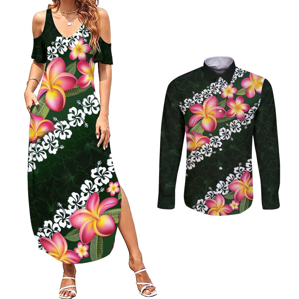 Green Polynesia Couples Matching Summer Maxi Dress and Long Sleeve Button Shirt Plumeria With Hibiscus Pattern Tropical Vibes LT14 Green - Polynesian Pride