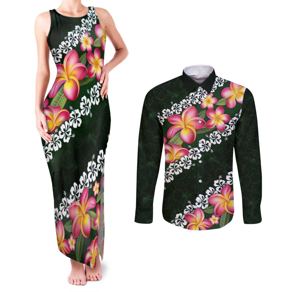 Green Polynesia Couples Matching Tank Maxi Dress and Long Sleeve Button Shirt Plumeria With Hibiscus Pattern Tropical Vibes LT14 Green - Polynesian Pride