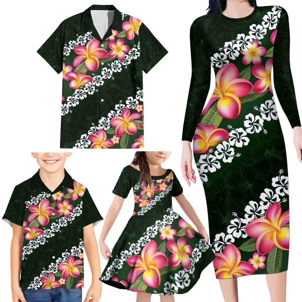 Green Polynesia Family Matching Long Sleeve Bodycon Dress and Hawaiian Shirt Plumeria With Hibiscus Pattern Tropical Vibes