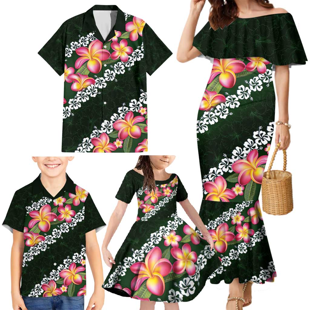 Green Polynesia Family Matching Mermaid Dress and Hawaiian Shirt Plumeria With Hibiscus Pattern Tropical Vibes