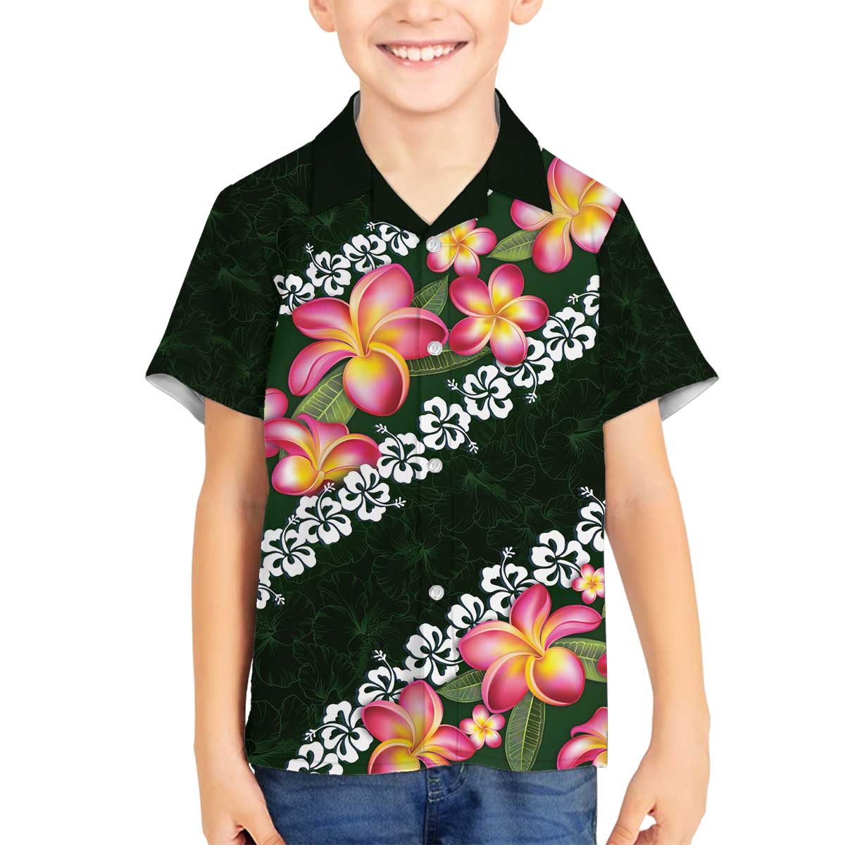 Green Polynesia Family Matching Off The Shoulder Long Sleeve Dress and Hawaiian Shirt Plumeria With Hibiscus Pattern Tropical Vibes