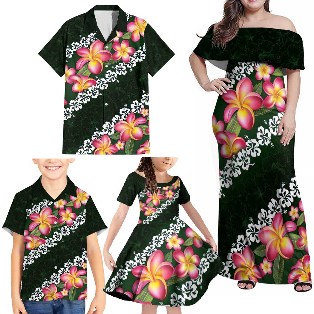 Green Polynesia Family Matching Off Shoulder Maxi Dress and Hawaiian Shirt Plumeria With Hibiscus Pattern Tropical Vibes