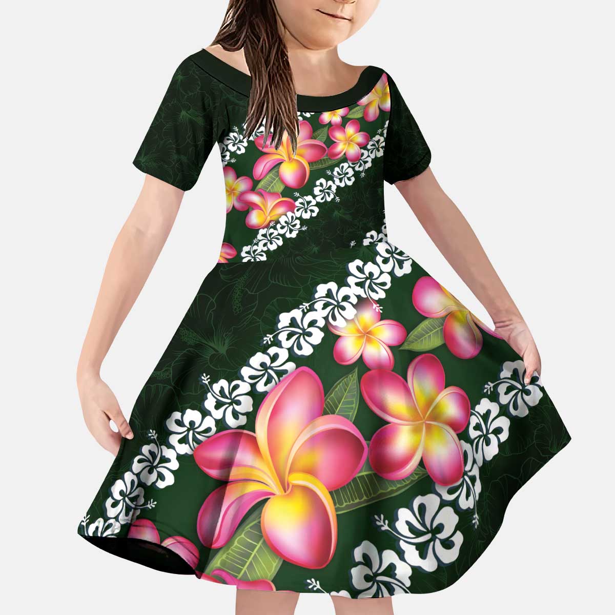 Green Polynesia Family Matching Puletasi and Hawaiian Shirt Plumeria With Hibiscus Pattern Tropical Vibes LT14 Daughter's Dress Green - Polynesian Pride