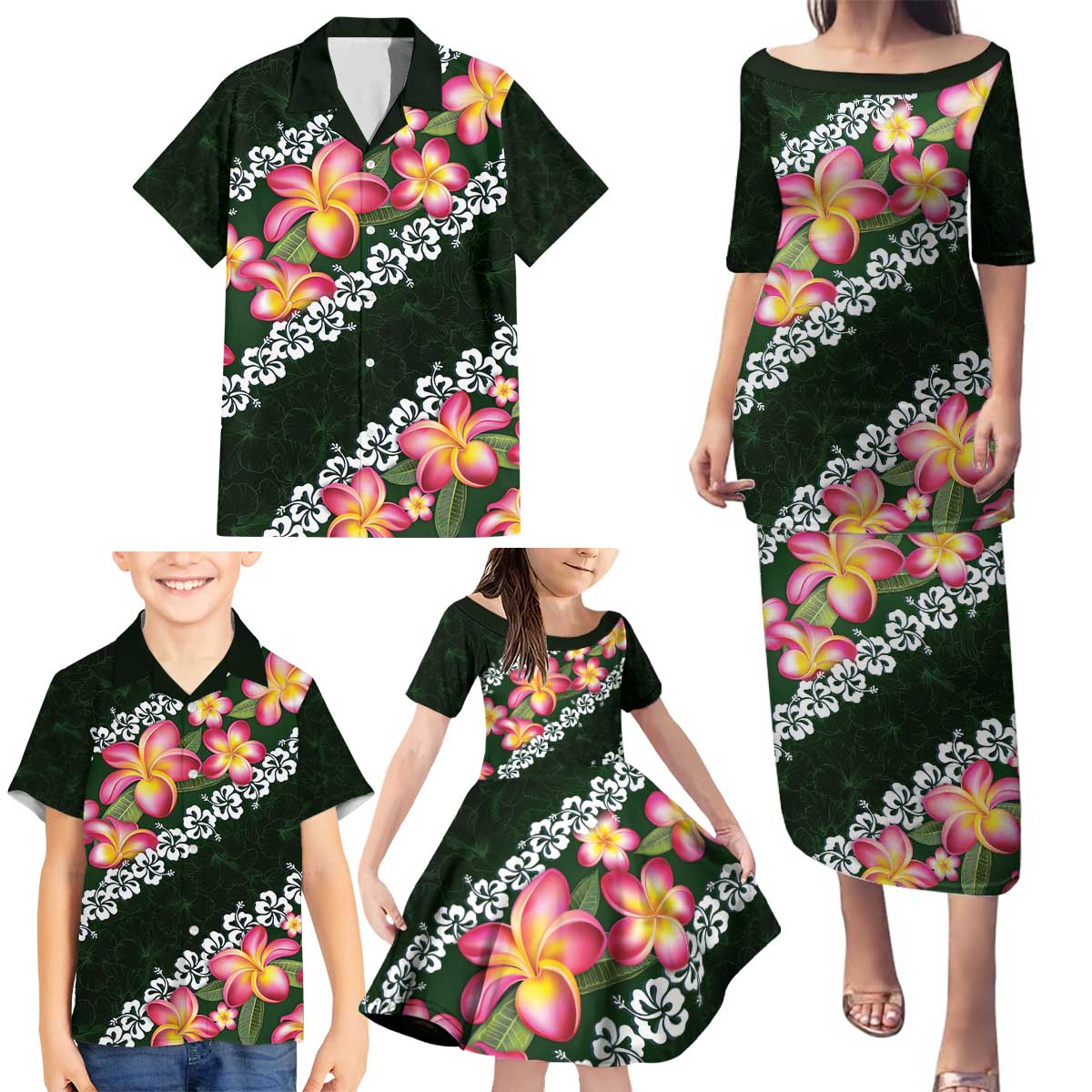 Green Polynesia Family Matching Puletasi and Hawaiian Shirt Plumeria With Hibiscus Pattern Tropical Vibes