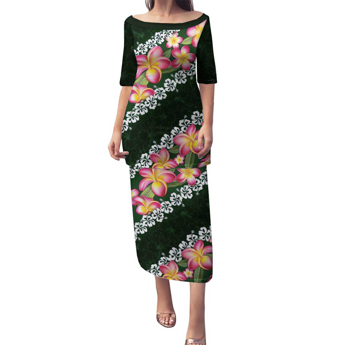 Green Polynesia Family Matching Puletasi and Hawaiian Shirt Plumeria With Hibiscus Pattern Tropical Vibes LT14 Mom's Dress Green - Polynesian Pride