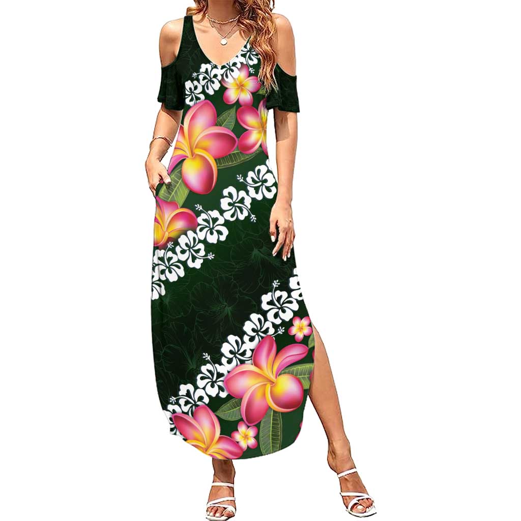 Green Polynesia Family Matching Summer Maxi Dress and Hawaiian Shirt Plumeria With Hibiscus Pattern Tropical Vibes LT14 Mom's Dress Green - Polynesian Pride