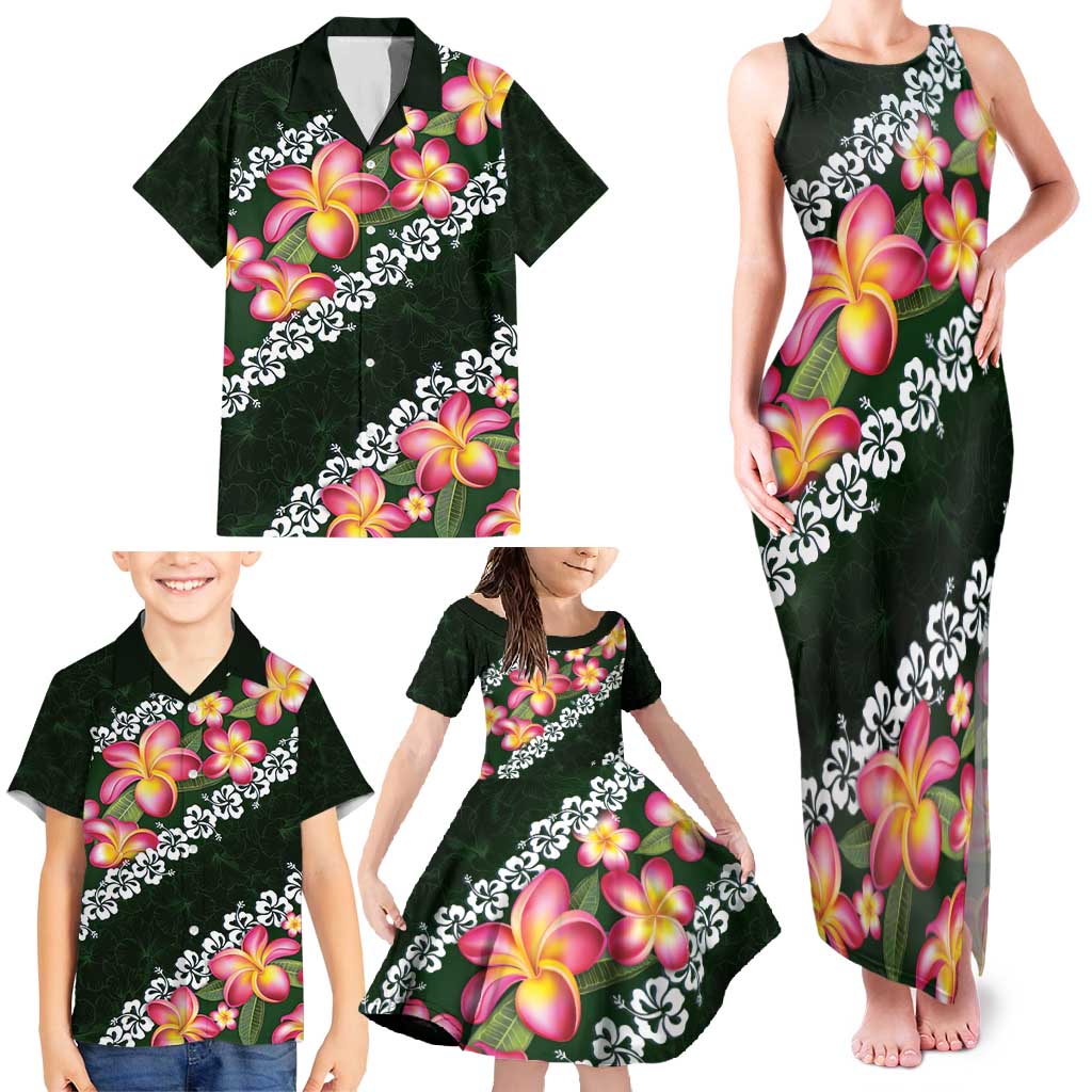 Green Polynesia Family Matching Tank Maxi Dress and Hawaiian Shirt Plumeria With Hibiscus Pattern Tropical Vibes LT14 - Polynesian Pride